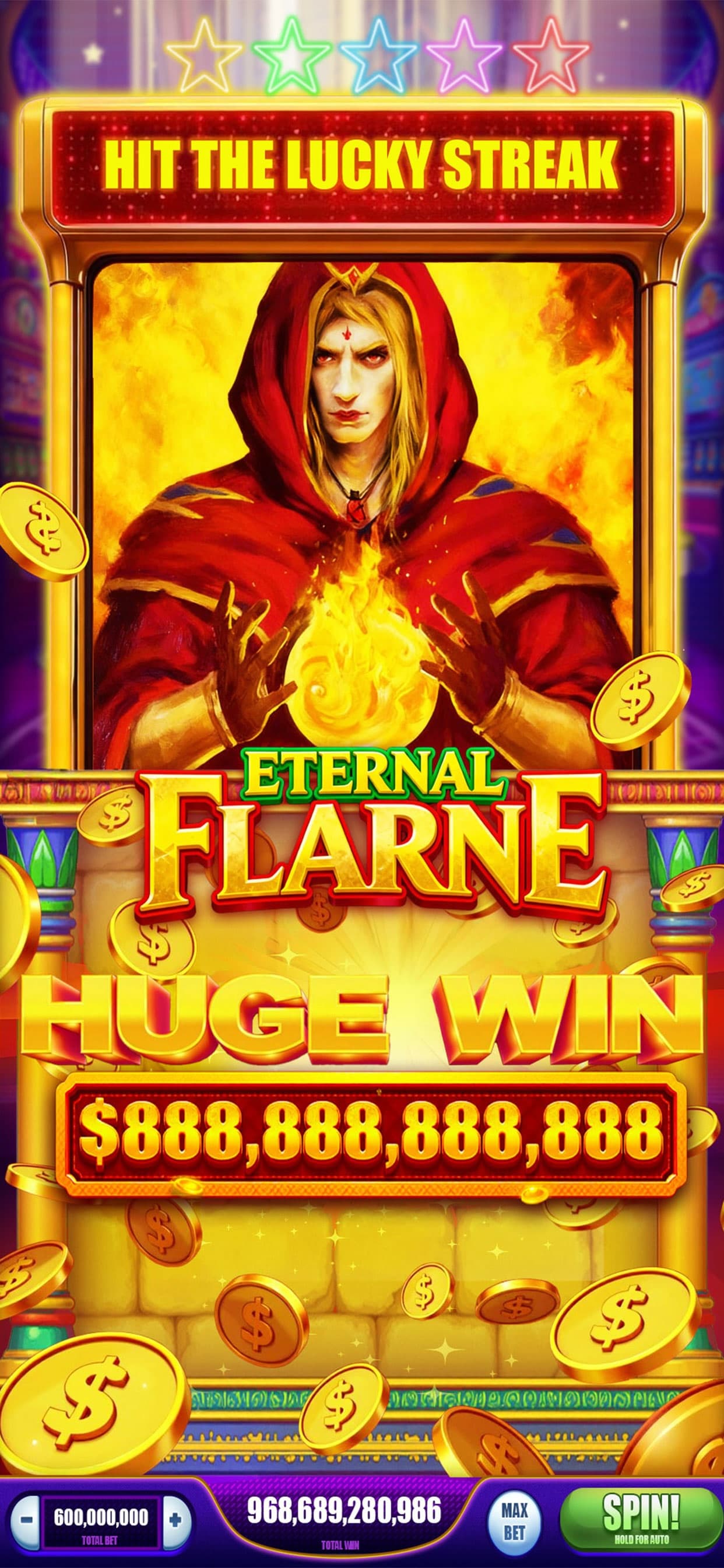 Eternal Flame classic slot machine showing a Hit the Lucky Streak jackpot screen.