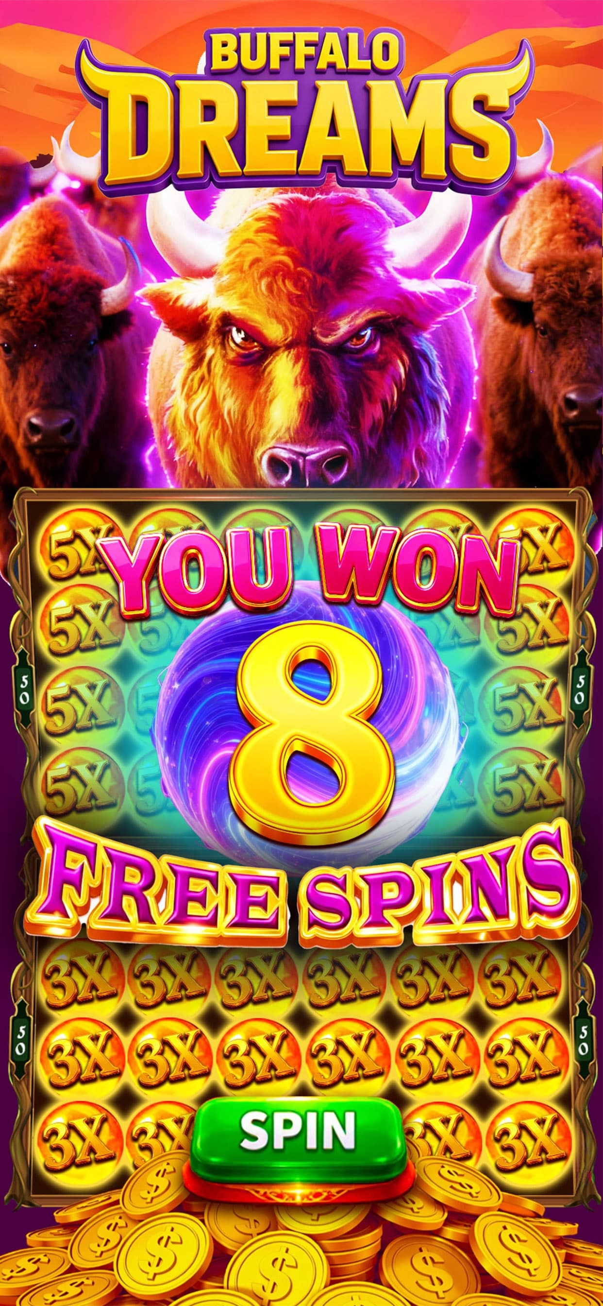 Buffalo Dreams slot machine celebrating a win of eight free spins.