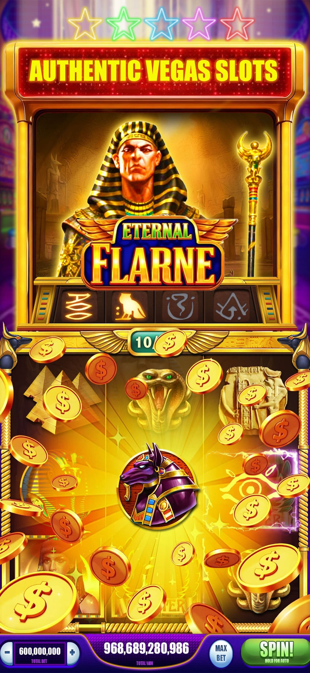 Eternal Flame classic Vegas slot machine with reels, coins, and a bonus wheel.