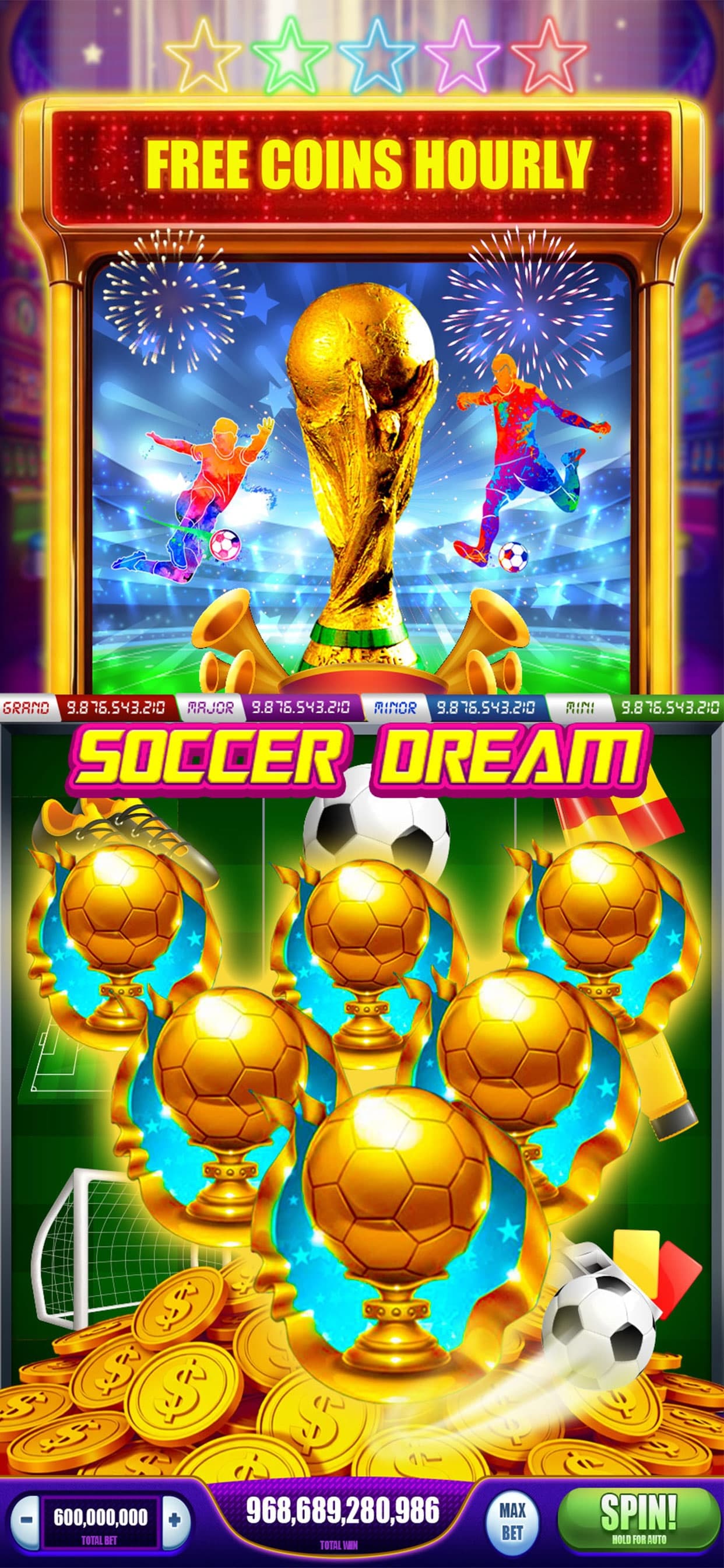 Soccer Dream slot machine offering a free hourly coins bonus.